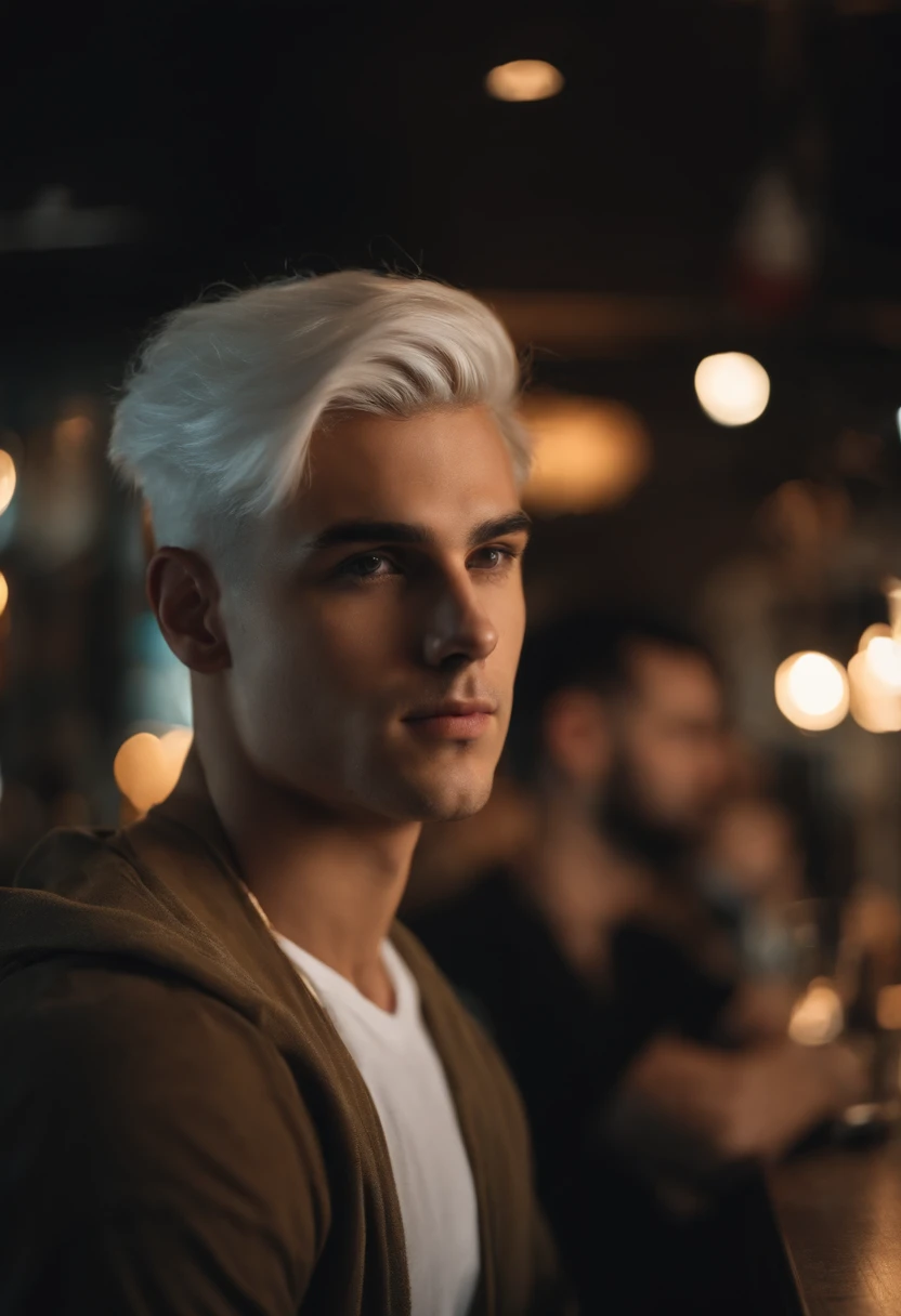 a 25 year old young man, in front of a bar, t-shirt, military-style white hair, looking directly at the camera, close-up, hd, 8k