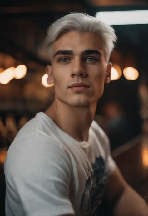 a 25 year old young man, in front of a bar, t-shirt, military-style white hair, looking directly at the camera, close-up, hd, 8k