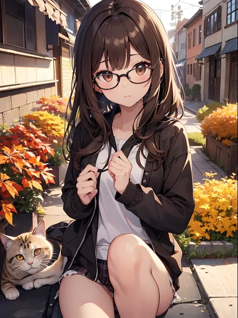 1人の女性、brown haired(Curta)、Brown eyes、Black-rimmed glasses、 Best Quality、ultra-detailliert、8K resolution、Raw photo、masutepiece、gorgeous faces、Perfect body、Frolic with cats