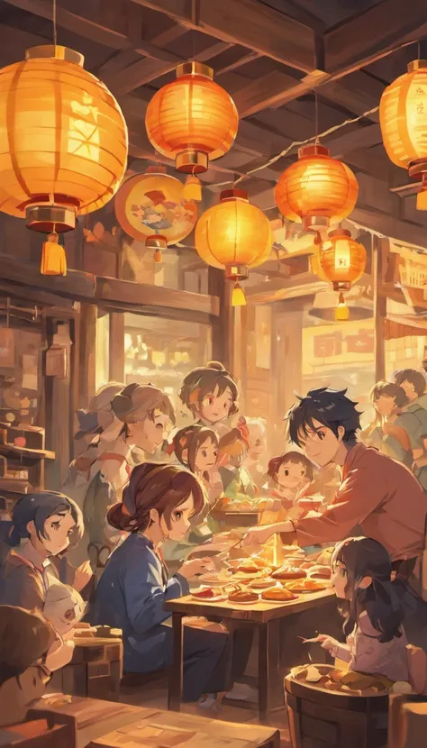 A family eats mooncakes，Men honor their parents with gifts in their hands, Happy family, There are mooncakes on the table,Gift in hand， tea drinking and paper lanterns, warm and joyful atmosphere, Digital illustration, Poster illustration, , Hand drawn ill...