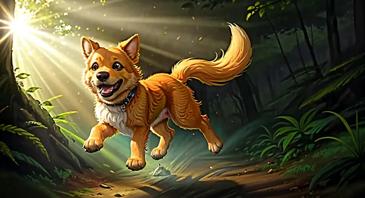 a close up of a dog running through a forest with the sun shining, happy dog, ( dog )close up photo of a very cute jumping puppy in the forest, , (backlit:1.3), (cinematic:1.2), intricate details, (ArtStation:1.3), Rutkowski