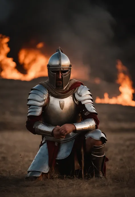 Alafed man in armor kneeling on one knee in front of a burning field, Dressed in frugal armor, dressed in roman armour, Dressed in ancient battle armor, roman legionnaire, Warriors fighting in dark scenes, Dramatic movie action shots, Roman gladiators, Att...