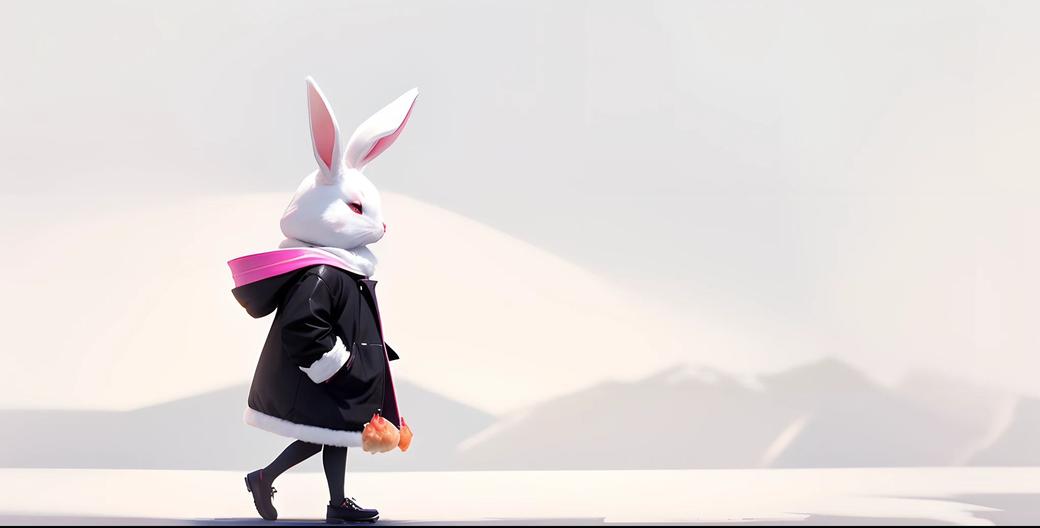 A rabbit that walks on two legs eats a piece of chicken;, Undersized, With white coat color, with a black hood where the ears are visible, with black clothes and black and pink skirt