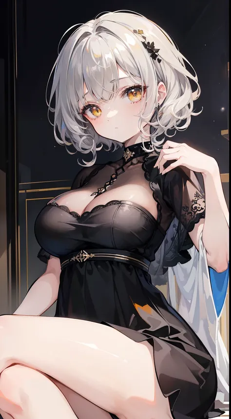 (top-quality、​masterpiece、high-level image quality、Super delicate)、((a beauty girl))、(Smooth dull silver hair)、(curly short hair、Long bangs)、Yellow eyes like a brilliant sunset、Black Choker、Black shirt、Idle Streamer、Moderately large breasts、(dark circles u...