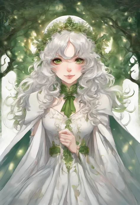 A  girl, curly white hair, fluffy bangs, scarlet eyes, white eyelashes, whitedress, green cape, A scarf around his neck