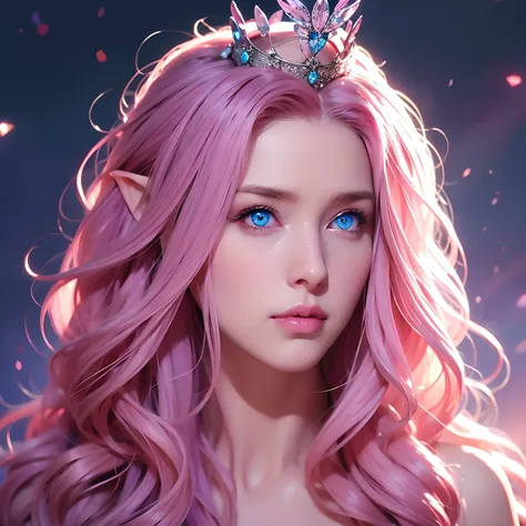 a woman, long curly hair, pink hair, blue eyes, elf, pointy ears, Queen, crown, jewel, glowing eyes