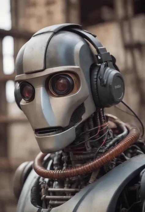 Photo portrait of a robot with cap wearing headphones made of plastic tubes, dirty water, oils, maintenance, in an old abandoned and rusty factory with his nerdy friend