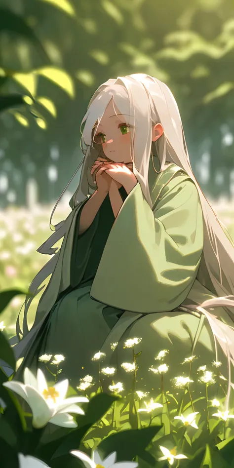 (​masterpiece、top-quality)、One girl with long white hair sitting in a field of green plants and flowers、Put your hands under your chin、Warm lighting、robe blanche、blurred foreground、natta、Staring at this