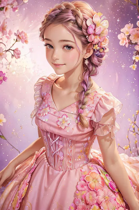 ((melhor qualidade de imagem)), Sharp image of a delicate girl with braid hair smiling in watercolor, Disney Princess Floral Pink Style Dress with Ruffles in Flowers and Lilac Glitter, fluttering flowers, Borboletas, Glitter, studio lighting.