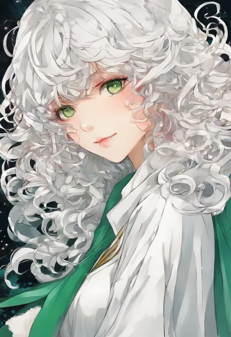 A  girl, curly white hair, fluffy bangs, scarlet eyes, white eyelashes, whitedress, green cape, A scarf around his neck