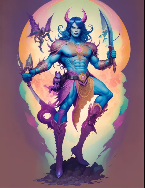 (full body standing), full body shot male, full body, flat vector, American comic book style hero character, 2D game animation style, male demon, fighting, holding large weapon, psychedelic fantasy character portrait by Lisa Frank, enchanted Jenna Jameson ...