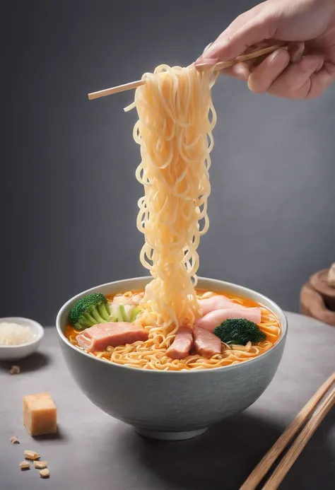 Weilong spicy strips Bagged instant noodles Boxed milk Dried tofu Shuanghui ham sausage neatly placed in a bowl Realistic and surreal