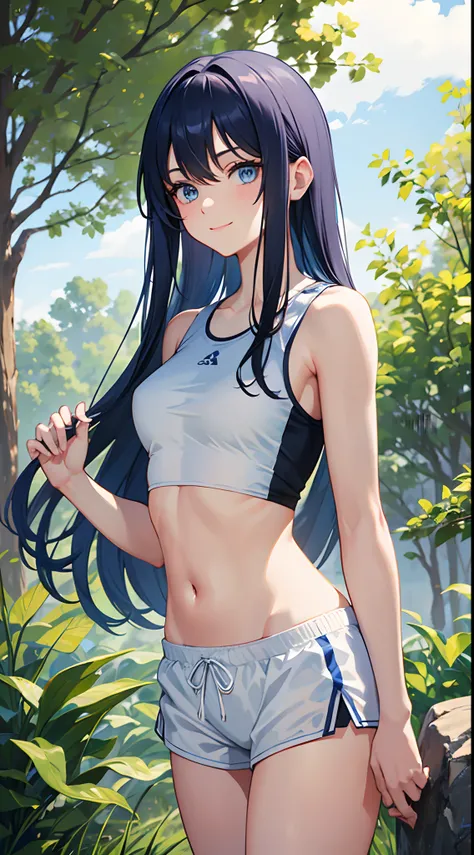 1 girl 19 years old, blue long hair, blue eyes, extreme eyes detail, beautiful eyes, wearing a white sports bra, wearing white athletic shorts, wearing blue sneakers, smiling gently, hello viewer, hello, hello finger, tree shadow, hand holding towel, upper...