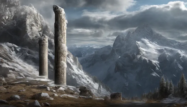 (Distant view)Best quality, Masterpiece, 1 Magnificent pillars at the border of the Frost Kingdom , snowfield, high resolution, (photograph realistic:1.4), surrealism, Dream-like,fusionart, Shadowdancer, shadow magic, darkness control, stealth, shadowstep,...