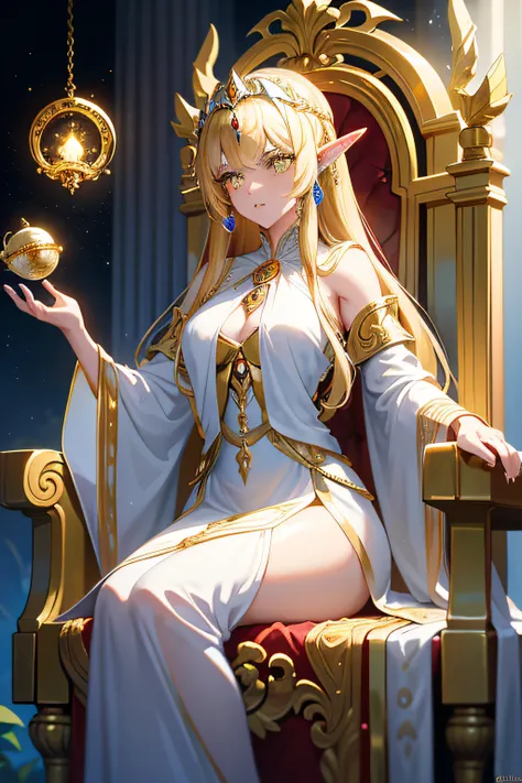 （8K，Best quality，a matural female，The elven queen full of majesty），((((cabellos largos dorados，Golden eyes))))，Perfect Body Woman 1:3，Wearing a white robe，Wearing laurels，sitting on an royal throne，Full of sacredness