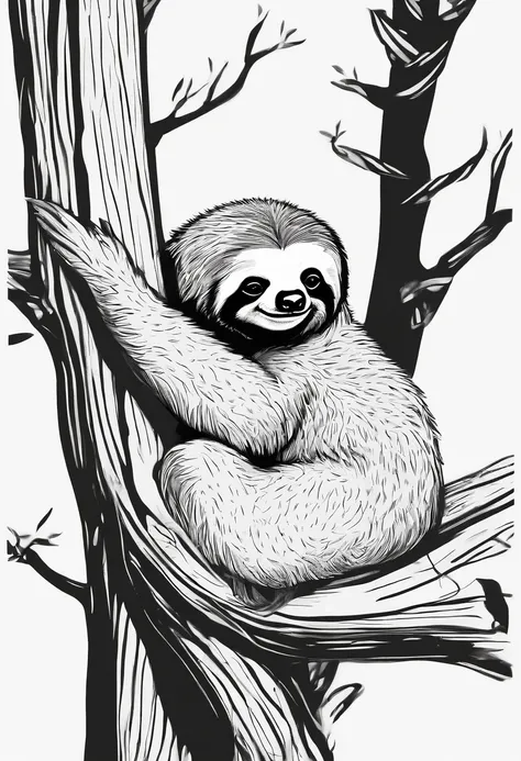 Sloth sleeping on a tree　White background　line-drawing　white and black　Cute　simple