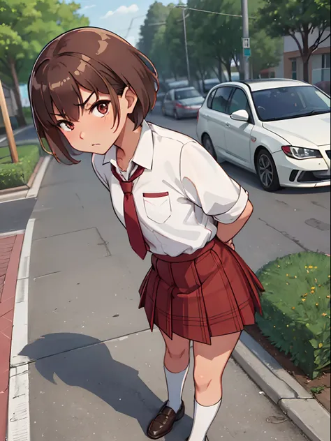 hiquality, tmasterpiece (One adult girl) suntanned skin. .short brown hair. brown eye. indifferent face. The clothes:  School White Shirt. red tie. plaid skirt. Brown shoes. In the background - the streets. the trees. pavement. School building