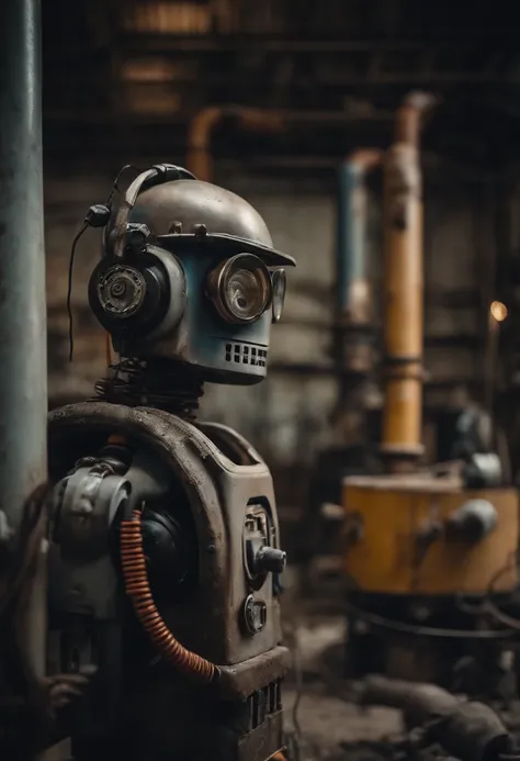 Photo portrait of a robot with a cap wearing headphones made from plastic pipes, dirty water, oils, maintenance, in an old abandoned and rusty factory with his nerdy friend