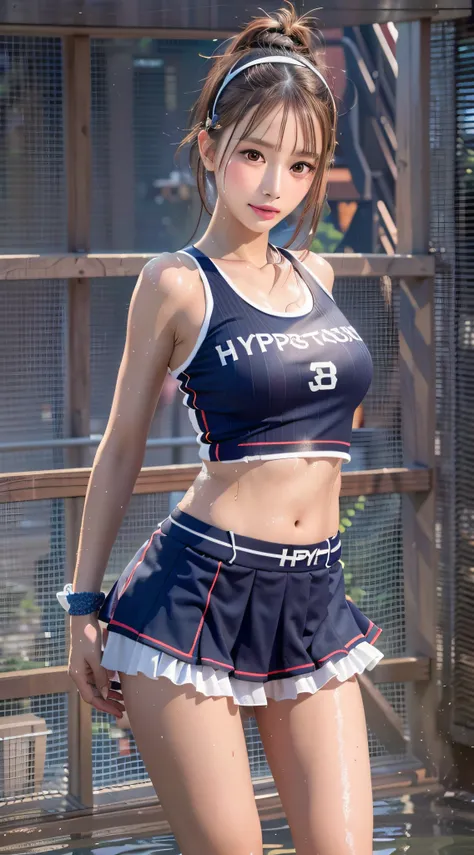 (8k, highest quality, high resolution), (photo realistic:1.2), (hyper realistic:1.2), (1girl:1.37), inside the stadium, cheerleader, The upper part of the body, (body wet with sweat, face wet with sweat), Beautiful face:1.2, (happy), very small face, mediu...