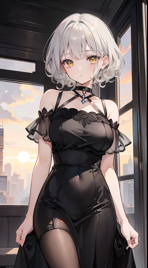 (top-quality、​masterpiece、high-level image quality、Super delicate)、((a beauty girl))、(Smooth dull silver hair)、(curly short hair、Long bangs)、Yellow eyes like a brilliant sunset、Black Choker、Black shirt、Idle Streamer、Moderately large breasts、(dark circles u...