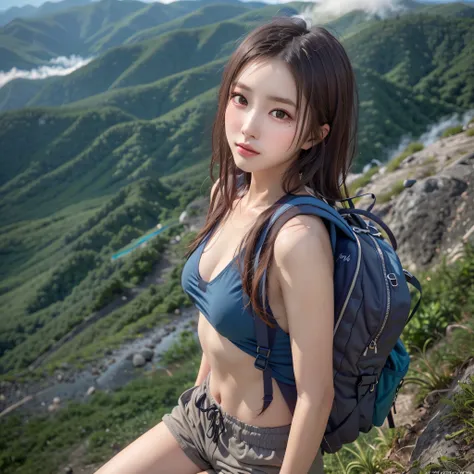 (Naturescape photography), (best quality), masterpiece:1.2, ultra high res, photorealistic:1.4, RAW photo, (Magnificent mountain, sea of clouds), (On a very high mountain peak), (sunset), (wideangle shot),  (Show cleavage:0.8),
(1girl), (Photo from the kne...