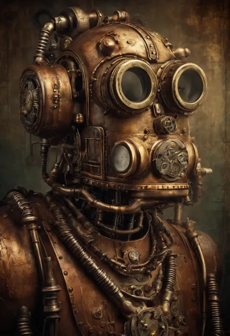 Photo portrait of a robot with a cap wearing headphones made from plastic pipes, dirty water, oils, maintenance, in an old abandoned and rusty factory with his nerdy friend