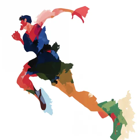 There was a man jumping in the air with a frisbee, Inspired by Aaron Douglas, leaping towards viewer, painting illustration, Inspired by James Brooks, inspired by Jan Rustem, painted with colour on white, Inspired by Kristen Dalsgard, Leaping, Artistic ill...