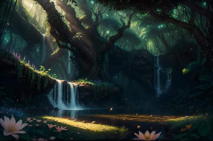 (a fantasy jungle: 1.45), illustration, lush green foliage, (very large colorful flowers: 1.32), (fireflies: 1.24), a waterfall, mysterious animals, majestic trees, magical atmosphere, best quality, high resolution, ultra-detailed, realistic: 1.37, vivid c...