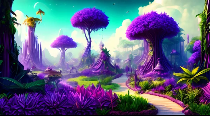 Fantasy Jungle, Wide Shot, Many elves, All purple plants