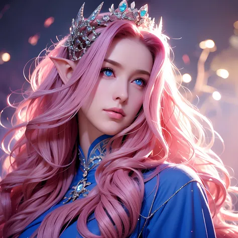 a woman, long curly hair, pink hair, blue eyes, elf, pointy ears, Queen, crown, jewel, glowing eyes, frontal face