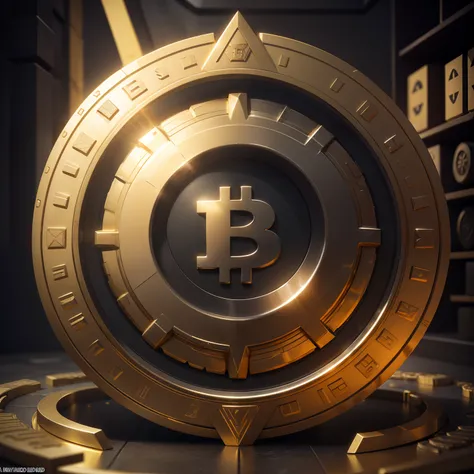 arafed image of a bitcoin shield with a bitcoin symbol on it, cryptoblades, crypto, bitcoin evil, giant crypto vault, depicted as a 3 d render, cryptocurrency in the background, crypto valut, blockchain vault, cryptocurrency, bitcoin, cryptopunk, shield de...