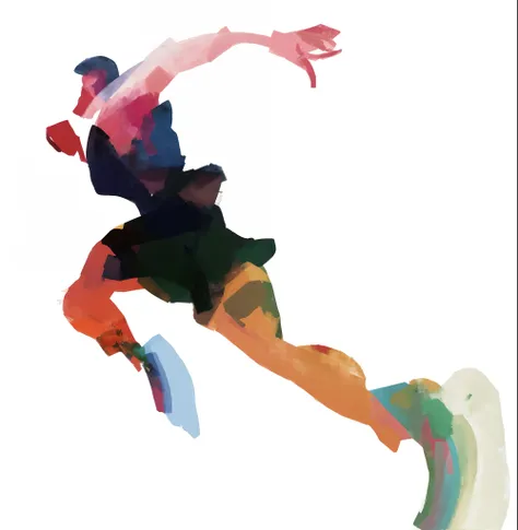 There was a man jumping in the air with a frisbee, Inspired by Aaron Douglas, leaping towards viewer, painting illustration, Inspired by James Brooks, inspired by Jan Rustem, painted with colour on white, Inspired by Christine Dalsgard, Leaping, Artistic i...