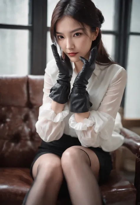 Black leather gloves with five fingers in both hands, black leather tight skirt, white blouse, black leather long boots, Japanese girl with straight black hair, sit on a leather chair with her feet aligned, both hands of leather gloves are aligned on her k...