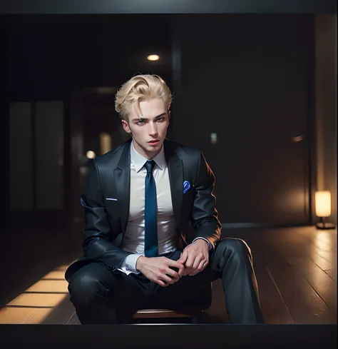 (masuter piece,Best Quality,Ultra-detailed), (A detailed face), 1boy, A young man who left his boyhood behind,(front-facing view),(Photorealsitic:1.2),(side lights,Beautiful Eyes of Details:1.2),Blonde colored hair,Face focus,Black suit,Black jacket,Black ...