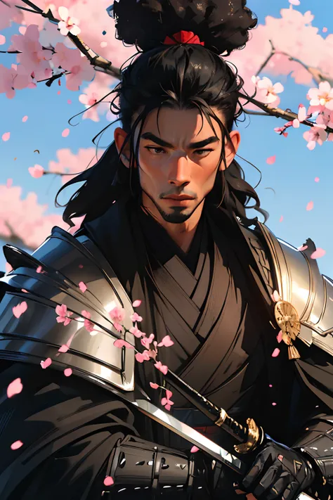 (best quality,4k,8k,highres,masterpiece:1.2),ultra-detailed,(realistic,photorealistic,photo-realistic:1.37),black man,samurai suit,African American male,samurai armor,afro hairstyle,detailed face,sharp facial features,intense gaze,strong presence,confident...