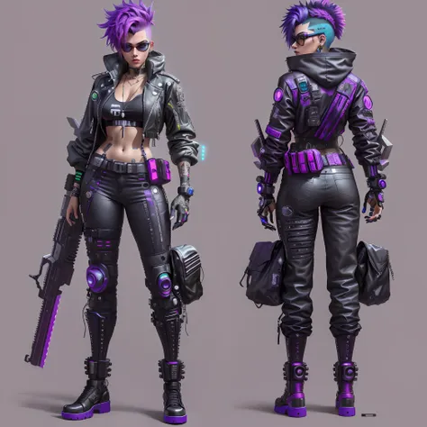 um close up de duas poses diferentes de uma mulher com cabelo roxo, mechanic punk outfit, design de personagens cyberpunk, perso...