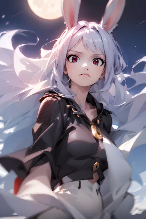 (best quality, masterpiece:1.2), ultra detailed, 1girll, bust photo，white hair，bunny ears，floated hair，red-black eyes，full moon，...