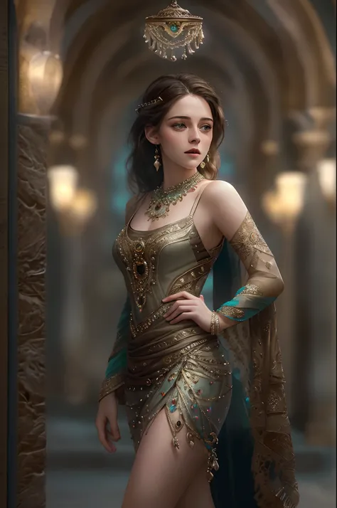 Best quality, Masterpiece,1girll, kristen stewart , The perfect Arabic dress, hair adornments, necklace, jewelry, Beautiful face, full bodyesbian, perfect thighs, Photorealistic, Edge lighting, bicolor lighting, (highdetailskin: 1.2), 8K Ultra HD, Digital ...