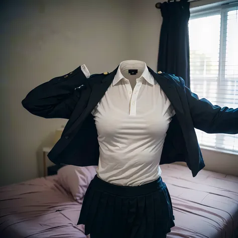 school uniform and leggings,((invisible, no humans:1.5, headless:1.5, handless, legless)), big breast, (close-up to breast), go ...