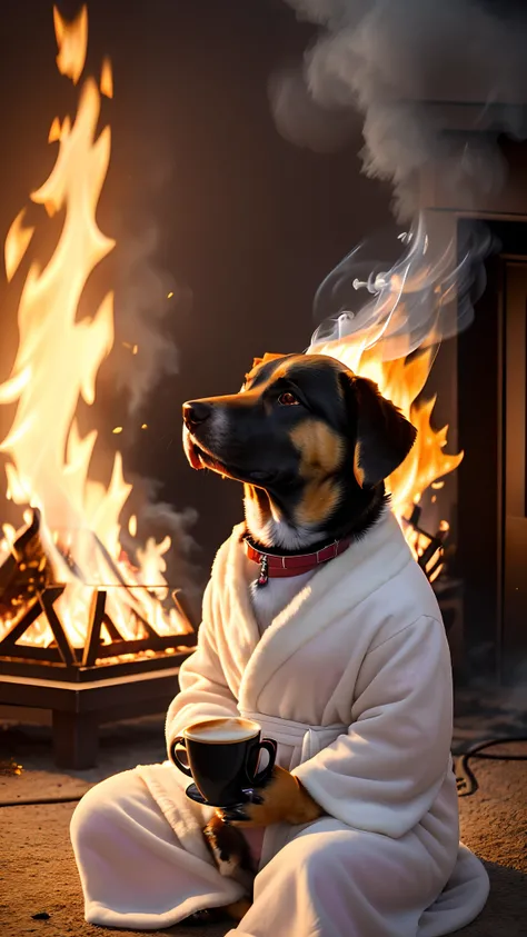 (best quality:1.23), (masterpiece:1.12), (realistic:1.24), (anthropomorphic  dog:1.5) holding a coffee cup, sitting, in a robe, eating breakfast and holding a coffee cup, hat, particles, volumetric lighting,  room burn down, ground and chair on fire, lots ...