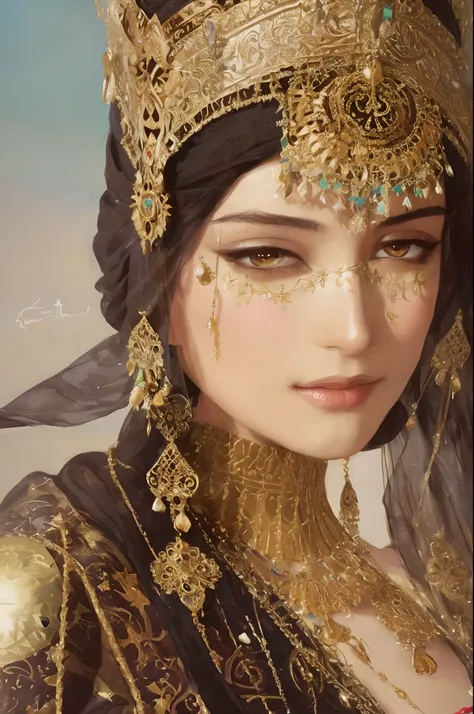 modelshoot style, (extremely detailed CG unity 8k wallpaper), full shot body photo of the most beautiful artwork in the world, (arabic princess) with armor, delicate silk clothes, arabian silk Hijab, magic, an arabic village with persian details in the bac...