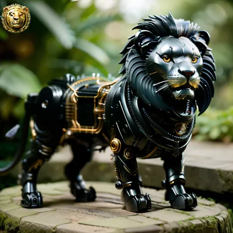 ((masterpiece)), ((best quality)), 8k, high detailed, ultra-detailed, A (black:1.3) mechanical lion, jungle