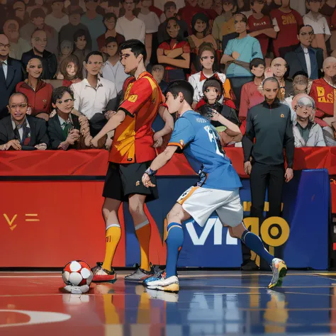 there are two men playing soccer on a court with a crowd watching, daniel dociu, spain rodriguez, dribbling, jonas roscinas, spain, reddit post, diego fernandez, 🕹️ 😎 🔫 🤖 🚬, borja, thumbnail, cover shot, daverapoza, danilo torres, indoor shot, bottom angle