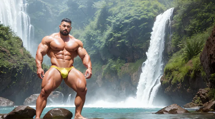 A Chinese bodybuilder，short detailed hair, Wear bright gold thong panties，Stand under the waterfall，There are rainbows, Short beard perfect figure with tattoos, Very huge and strong body, Bulging muscles, musculous, Very large pectoral muscles，Very sexy ab...