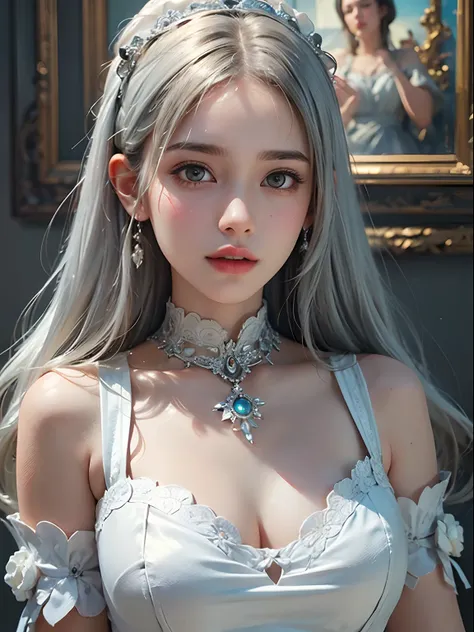 (Dynamic poses) 1beautiful girl, white hair, angelic, cute, childish, chubby cheeks, hazelnut eyes, 14 years old, long silver straight hair with bangs, white maid dress, intricate ornaments, realistic, dynamic angles, cinematic lighting, trending on ArtSta...