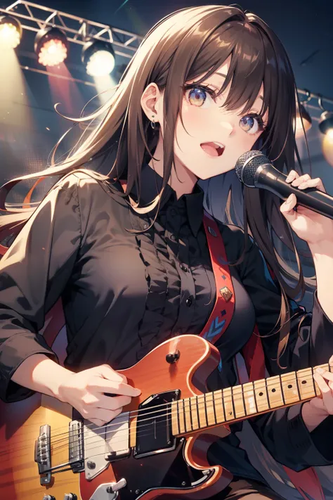 top-quality、Full limbs、complete fingers、Slender beauty、straight haired、Brown hair、Black collared shirt、Black shorts、Black High Socks、Beautiful Large Breasts、Live Stage、Singing、Pull the guitar、Yellow Heart Guitar