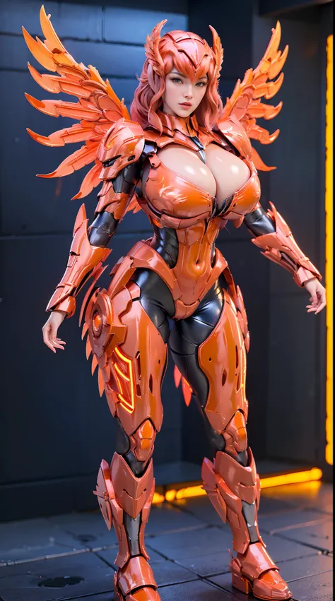 FIRE PHOENIX, HUGE BOOBS, FIRE MECHA ARMOR FULL SUIT, (CLEAVAGE), (A PAIR LARGEST PHOENIX WINGS), TRANSPARANT, TALL LEGS, STANDING, SEXY BODY, MUSCLE ABS.