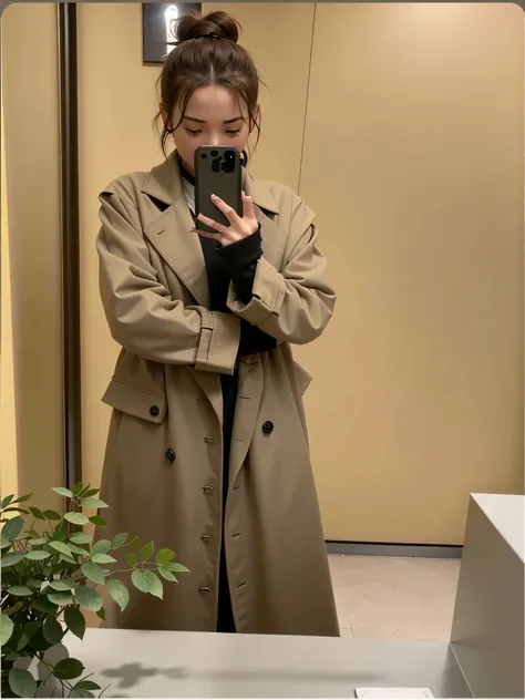 there is a woman that is taking a selfie in a mirror, Long jacket, Femme, 2 0 2 0 fashion, Trench coat, trench coat with many pockets, Coat, wearing a fisher 🧥, light brown coat, wind coat, Jacket, 🤬 🤮 💕 🎀, Short coat, Light brown trench coat, ( ( wearing ...