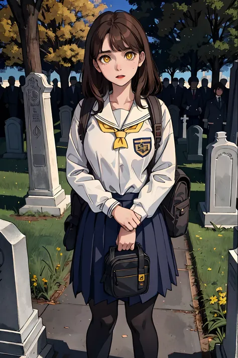 A very young and cute school girl standing in a cemetery, brown hair, yellow eyes, wearing highly detailed school uniform and backpack,  uncomfortable and terrified facing expression, dark chilling horror film elements, highly detailed cemetery, highly det...