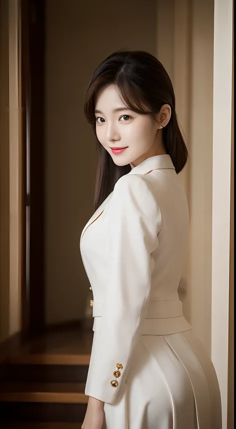 Realistic photos of 1 cute Korean actress, hair over shoulder, White skin, thin makeup, Bust size 32 inches, slightly smile, Wearing office uniform, on the stairs, upper body portrait, cinematic lighting, UHD